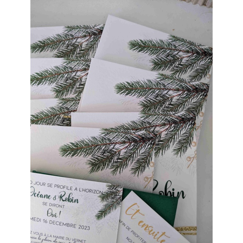 faire-part-mariage-vert-dore-blanc-invitation-elegante-sapin-hiver-madame-babioles-papeterie-sur-mesure-personnalisee