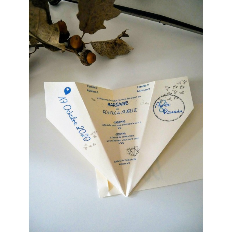 "Oumou" AVION ORIGAMI - FAIRE PART PERSONNALISE MARIAGE MADAME BABIOLES